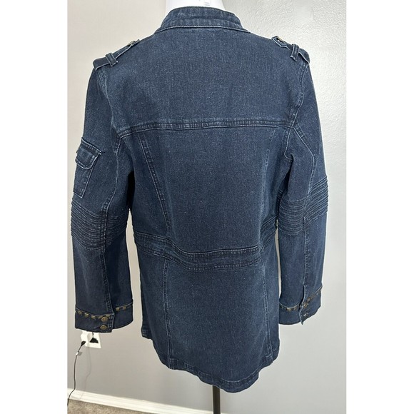 DG2 Womens M Bronze Studded Blue Jean Jacket Button Denim Military Blazer Coat - Picture 4 of 9